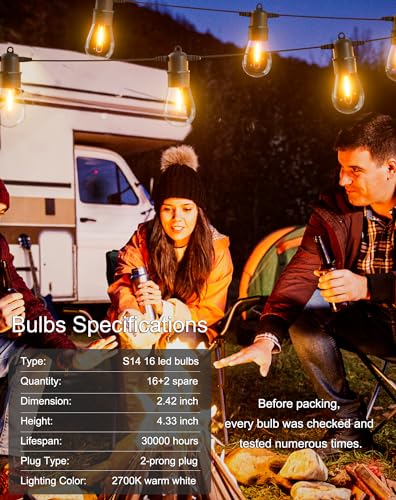 Jerritte 60FT LED Outdoor String Lights with 16+1 Edison Shatterproof IP65 Waterproof Bulbs, 2700K Dimmable Commercial Grade Patio Lights, Heavy Duty Outside Hanging Lights for Garden Porch Deck Decor