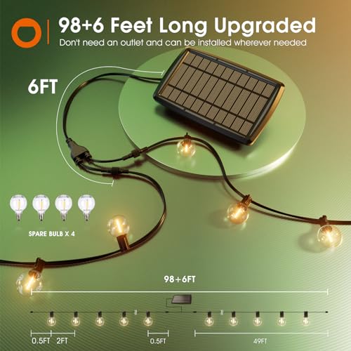 addlon 104FT(98+6) Solar String Lights Outdoor Waterproof with Remote, G40 Solar Powered String Lights with 54 LED Shatterproof Bulbs, 3 Light Modes, Dimmable Solar Lights for Outside Backyard Party