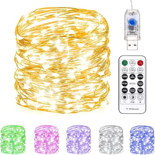 Fairy Lights 66 ft 200 LED USB Twinkle String Lights Plug in Silver Wire Lights with Remote and Timer 8 Modes Outdoor Waterproof Starry Lights DIY Party Wedding Christmas Decoration(Warm White)