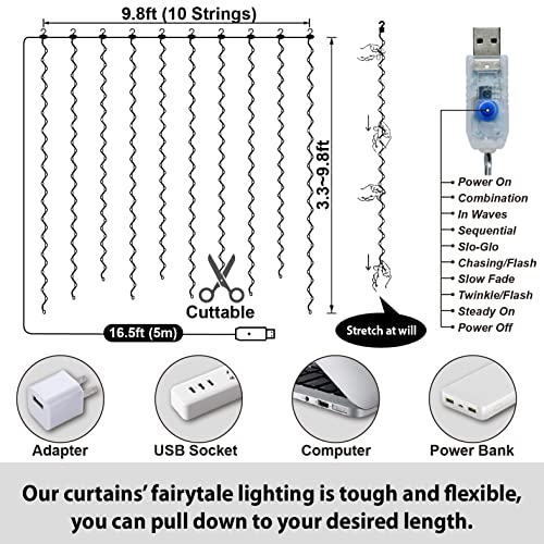 HXWEIYE 300LED Fairy Curtain Lights, 9.8x9.8Ft Warm White USB Plug in 8 Modes Christmas String Hanging Lights with Remote for Bedroom, Indoor, Outdoor, Weddings, Party