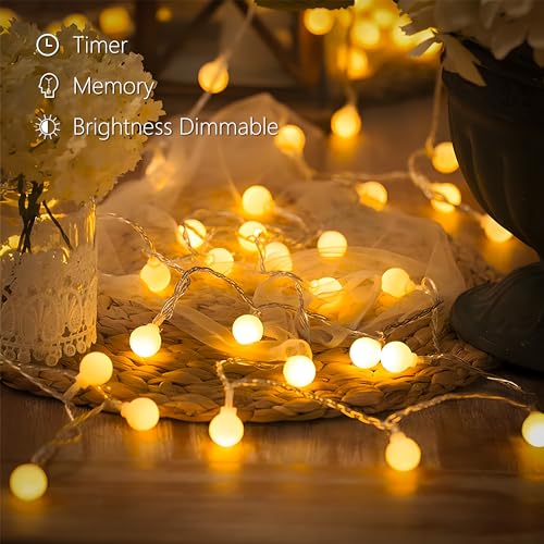BrizLabs Globe String Lights, 2 Pack Total 120 LED Battery String Lights Warm White, 8 Mode Ball Fairy String Lights with Remote Timer Twinkle Light for Indoor Outdoor Xmas Bedroom Patio Party Wedding