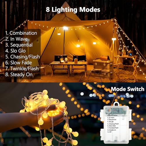BrizLabs Globe String Lights, 2 Pack Total 120 LED Battery String Lights Warm White, 8 Mode Ball Fairy String Lights with Remote Timer Twinkle Light for Indoor Outdoor Xmas Bedroom Patio Party Wedding