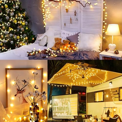 BrizLabs Globe String Lights, 2 Pack Total 120 LED Battery String Lights Warm White, 8 Mode Ball Fairy String Lights with Remote Timer Twinkle Light for Indoor Outdoor Xmas Bedroom Patio Party Wedding