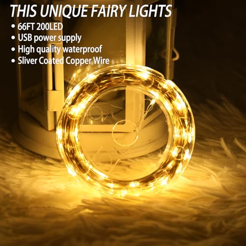 Fairy Lights 66 ft 200 LED USB Twinkle String Lights Plug in Silver Wire Lights with Remote and Timer 8 Modes Outdoor Waterproof Starry Lights DIY Party Wedding Christmas Decoration（Warm White）