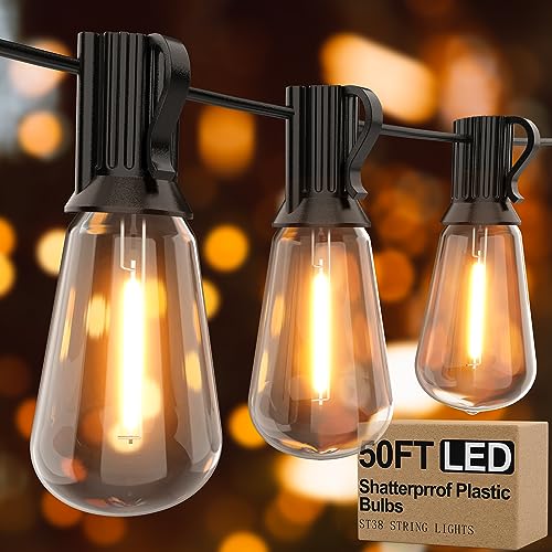 Apesaipu Outdoor String Lights 50ft ST38 Patio Lights with Waterproof Shatterproof 25(+2) LED Bulbs,Outside Hanging Vintage Edison Lights for Porch, Deck, Garden, Backyard, Balcony, 2700K Dimmable