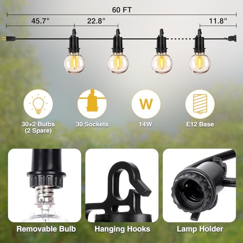 ZJOJO 60FT Outdoor String Lights, G40 Globe Outdoor Lights with 30 Shatterproof LED Bulbs (2 Spare), 2700K Hanging Waterproof Patio Light, Connectable String Lights for Outside Backyard Porch Party