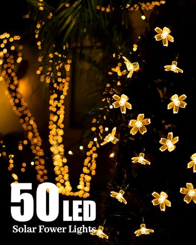 Solar String Lights for Outside，50 LED Solar Flower String Lights Outdoor Waterproof，Solar Powered Outdoor Decorative String Lights for Yard, Lawn, Fence, Flower Garden, Christmas Tree