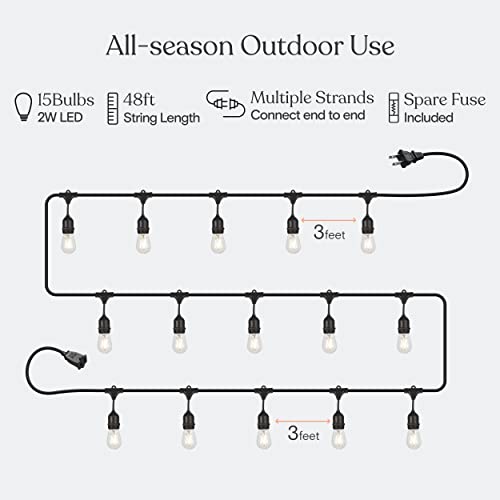 Brightech Ambience Pro - Waterproof LED Outdoor String Lights - Hanging, Dimmable 2W Vintage Edison Bulbs - 48 Ft Commercial Grade Patio Lights Create Cafe Ambience in Your Backyard