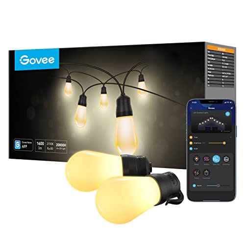 Govee Outdoor String Lights, 96ft Smart Outdoor String Lights with 30 Dimmable Warm White LED Bulbs, 2 Ropes of 48ft IP65 Waterproof Shatterproof Patio Lights for Father's Day, 70lm per Bulb