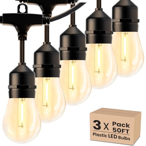 Svater Outdoor String Lights 150FT, E26 Socket, 48pcs S14 Shatterpoof Bulbs, 1 Watt Dimmable 2700K Warm White, IP65 Waterproof Commercial Grade Patio Lights(3 Pack X 50FT)