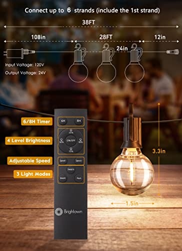 Brightown Outdoor String Lights with Remote, 38Ft(28+10) Patio Lights Outdoor Waterproof, String Lights for Outside with 15 Shatterproof LED Bulbs, Hanging Lights for Porch Balcony Bistro Cafe