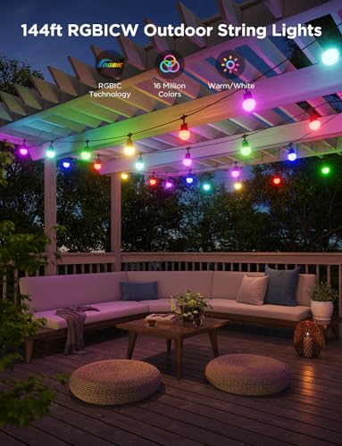 Govee Smart Outdoor String Lights 2, 150ft RGBIC Outdoor Lights with Dimmable Warm White LED Bulbs, 47 Scene Modes for Patio, Backyard, IP65 Waterproof, Compatible with Alexa, App Control
