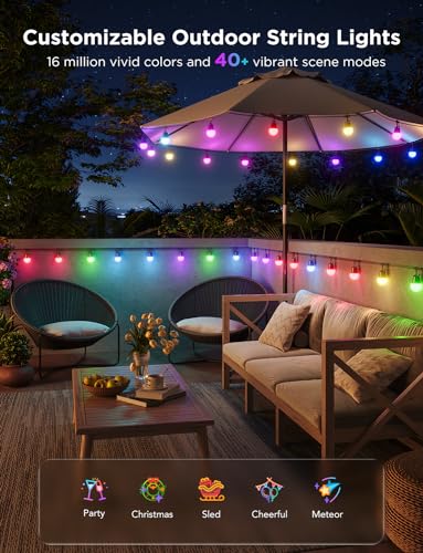 Govee Smart Outdoor String Lights 2, 150ft RGBIC Outdoor Lights with Dimmable Warm White LED Bulbs, 47 Scene Modes for Patio, Backyard, IP65 Waterproof, Compatible with Alexa, App Control