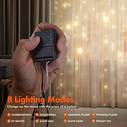 Twinkle Star 300 LED Curtain String Lights, 8 Modes Fairy Hanging Lights for Bedroom, Wedding, Party, Home Garden, Outdoor & Indoor Wall Decorations Twinkle Lights, Warm White