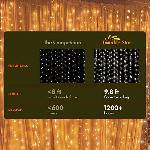 Twinkle Star 300 LED Curtain String Lights, 8 Modes Fairy Hanging Lights for Bedroom, Wedding, Party, Home Garden, Outdoor & Indoor Wall Decorations Twinkle Lights, Warm White