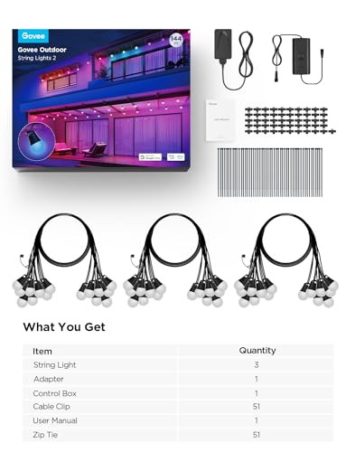Govee Smart Outdoor String Lights 2, 150ft RGBIC Outdoor Lights with Dimmable Warm White LED Bulbs, 47 Scene Modes for Patio, Backyard, IP65 Waterproof, Compatible with Alexa, App Control