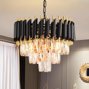 MEIOSOA Modern Crystal 3-Tier Round Chandelier - Black/Gold
