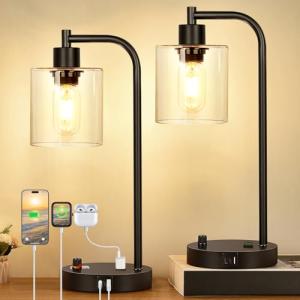 Set of 2 Industrial Table Lamps with 2 USB Port, Fully Stepless Dimmable Lamps for bedrooms, Bedside Nightstand Desk Lamps with Seeded Glass Shade for Reading Living Room Office 2 LED Bulb Included