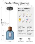 Blue clear glass pendant lights with solid wood fixtures