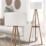 Boho Wooden Tripod Floor Lamp with Shelves & Bulb