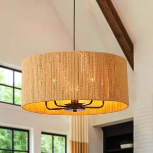 5-Light Wicker Drum Pendant Chandelier for Kitchen Foyer