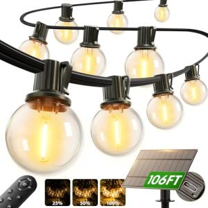 addlon 104FT(98+6) Solar String Lights Outdoor Waterproof with Remote, G40 Solar Powered String Lights with 54 LED Shatterproof Bulbs, 3 Light Modes, Dimmable Solar Lights for Outside Backyard Party