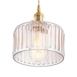 Vintage Brass Pendant Light with Clear Striped Glass