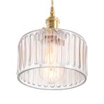Vintage Brass Pendant Light with Clear Striped Glass