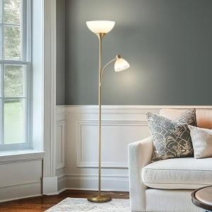 Brightech Sky Dome Plus LED Floor lamp, Torchiere Super Bright Floor Lamp with Reading Lamp for Living Rooms & Offices - Dimmable Tall Standing Lamp for Bedroom Reading - Gold Brass