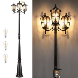 Black Roman Dusk to Dawn Outdoor Lamp Post with GFCI Outlet, Triple Head Aluminum Street Light Post for Outside, Waterproof Pole Lighting Fixture with Water Glass for Backyard Garden Patio Driveway