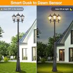 Black Roman Dusk to Dawn Outdoor Lamp Post with GFCI Outlet, Triple Head Aluminum Street Light Post for Outside, Waterproof Pole Lighting Fixture with Water Glass for Backyard Garden Patio Driveway