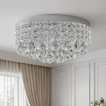 Maxax 4 Lights Crystal Chandelier, Modern Drum Ceiling Light Fixture Lamp, Raindrop Flush Mount Round Metal Shade, for Dining Room, Living Room, Bathroom, Bedroom, Chrome