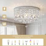 Maxax 4 Lights Crystal Chandelier, Modern Drum Ceiling Light Fixture Lamp, Raindrop Flush Mount Round Metal Shade, for Dining Room, Living Room, Bathroom, Bedroom, Chrome