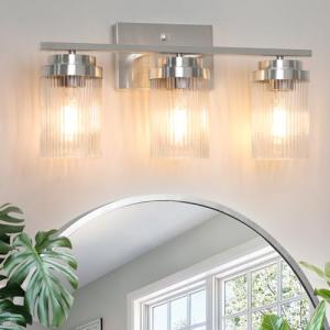 Modern Brushed Nickel Vanity Light with Grooved Glass Shades