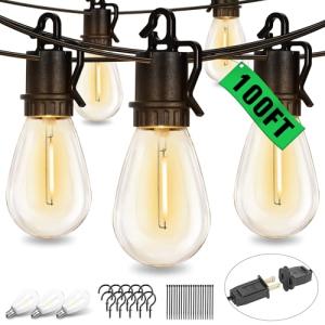 TDLOL 100FT Outdoor String Lights Waterproof, Outdoor Lights with S14 Shatterproof Bulbs, Connectable Hanging Patio Lights, IP55 Commercial Grade LED Outdoor String Lights for Outside, Patio, Bistro