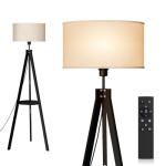 addlon Tripod Floor lamp with Remote, Standing Wood lamp with Shelf and mid Century design - Black