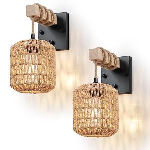 Boho Rattan Wall Sconces Set with Wooden Arm