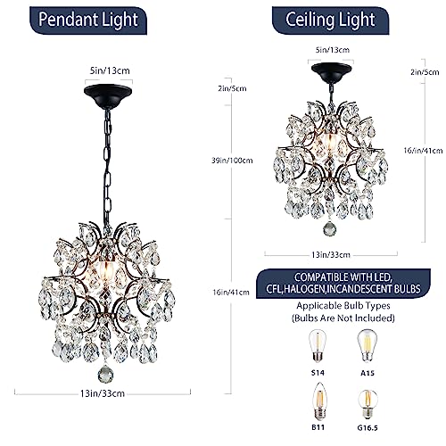 Black Crystal Raindrop Pendant Chandelier Light Fixture 13"x16