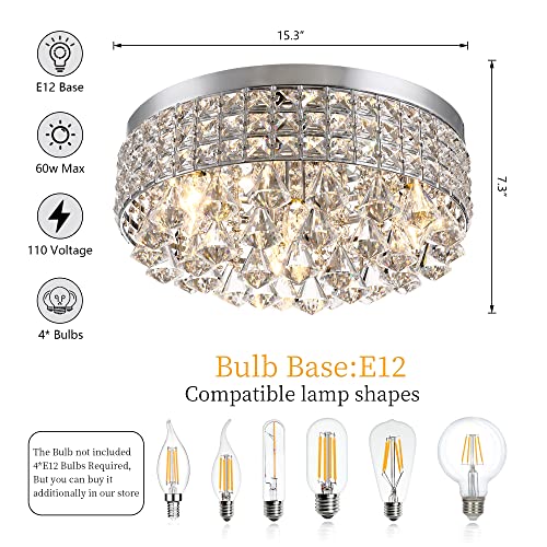 Maxax 4 Lights Crystal Chandelier, Modern Drum Ceiling Light Fixture Lamp, Raindrop Flush Mount Round Metal Shade, for Dining Room, Living Room, Bathroom, Bedroom, Chrome