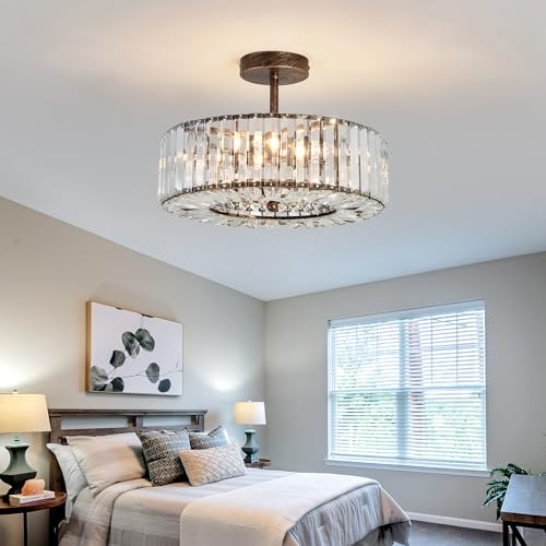 Modern Crystal Chandelier Oil Rubbed Bronze Round Flush
