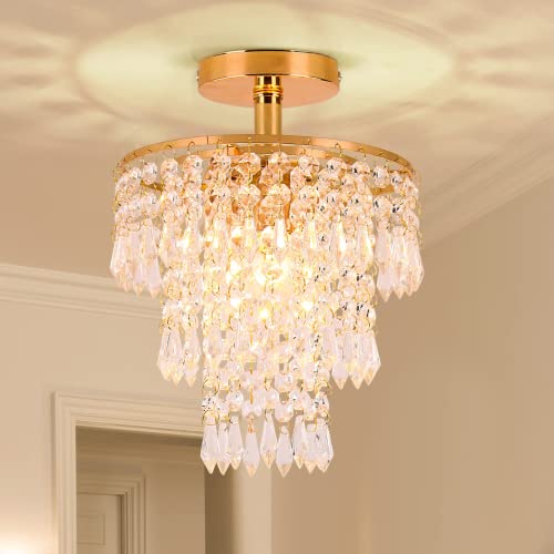 Mini Crystal Chandelier Flush Mount Ceiling Light Gold