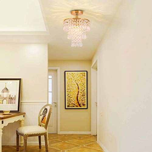Mini Crystal Chandelier Flush Mount Ceiling Light Gold