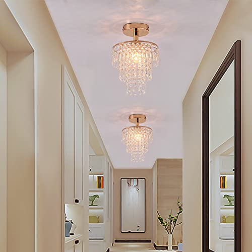 Mini Crystal Chandelier Flush Mount Ceiling Light Gold