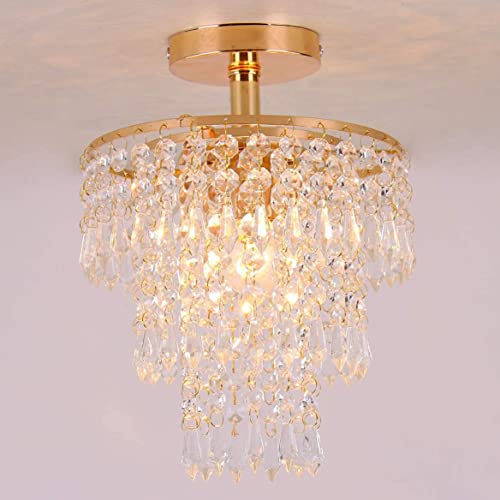 Mini Crystal Chandelier Flush Mount Ceiling Light Gold