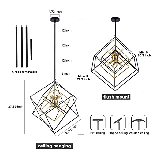 Modern Geometric Chandelier: Black & Brass Industrial Pendant