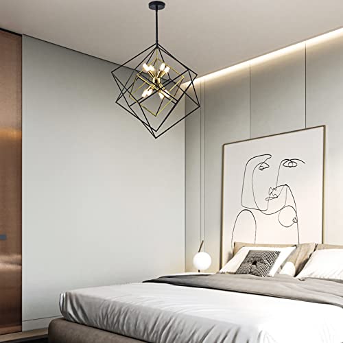 Modern Geometric Chandelier: Black & Brass Industrial Pendant