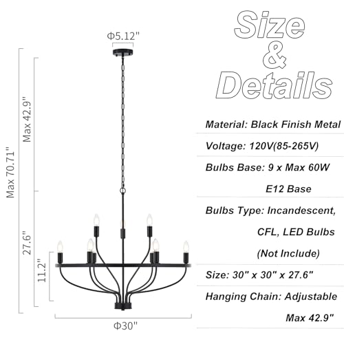 Retro Black Chandelier Light Fixture - Vintage Industrial Style