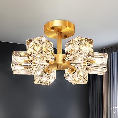 Gold Crystal Chandelier with Modern Brushed Nickel Sputnik