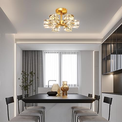 Gold Crystal Chandelier with Modern Brushed Nickel Sputnik
