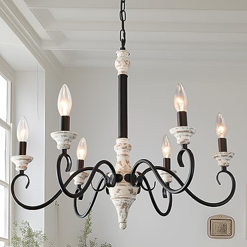 6-Light French Country Candle Style Chandelier in Black & White Wood